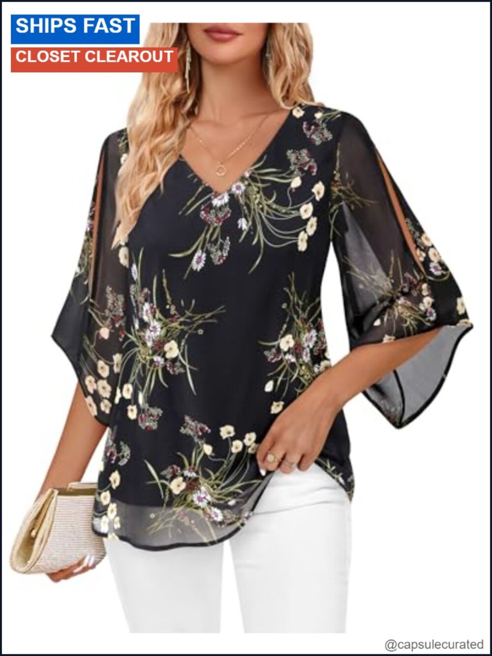 Women's Ruffle 3/4 Sleeve V-Neck Chiffon Blouse Dressy Tunic Top